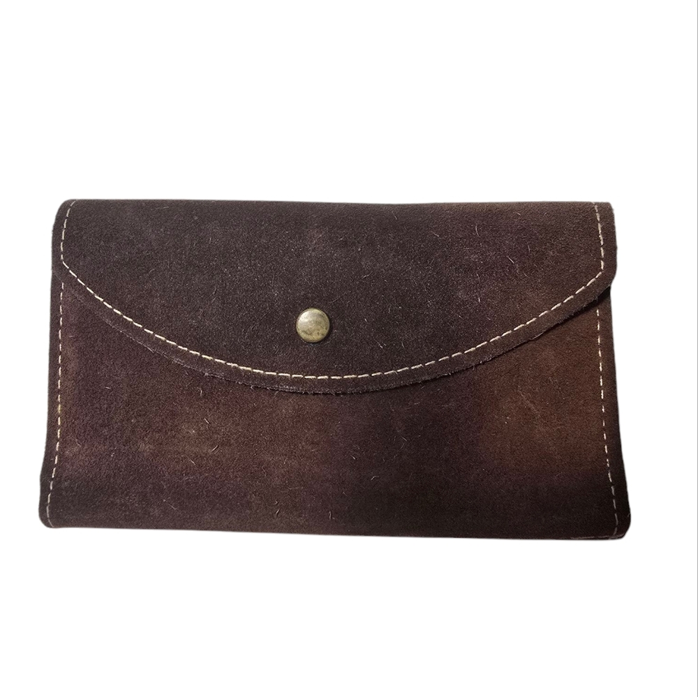 Hand Crafted Brown Genuine Suede Leather Wallet Clutch w/ Pockets